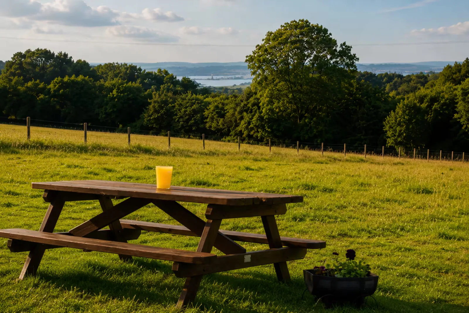 The picnic bench on the grass with a candle and long views over the estuary