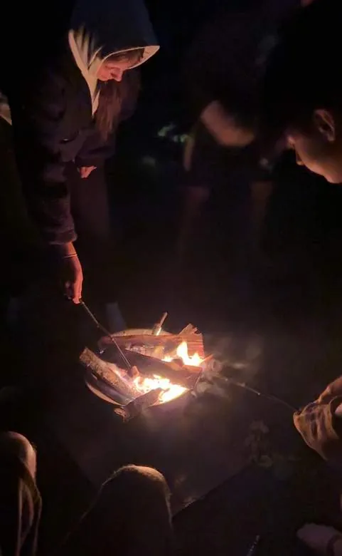 Toasting marshmallows around the fire pit after dark